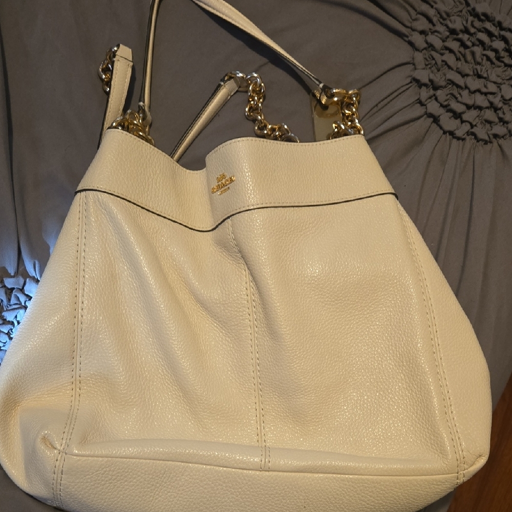 Coach Cream Leather Shoulder Bag with Gold Accents